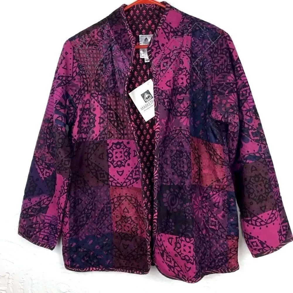 Artisan Handcrafted Tie Dye India Maroon Patchwork Prints Jacket New With Tags